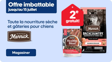 Bannière publicitaire Merrick montrant une gamme de sacs de nourriture pour chiens avec l’étiquette « Nouveau », accompagnée d’un chien en train de manger dans une cuisine. Texte : « Offrez-leur ce qu’il y a de plus authentique. » Bouton « Découvrir la marque ».