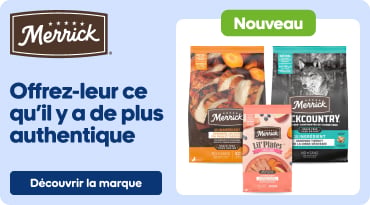 Bannière publicitaire Merrick montrant une gamme de sacs de nourriture pour chiens avec l’étiquette « Nouveau », accompagnée d’un chien en train de manger dans une cuisine. Texte : « Offrez-leur ce qu’il y a de plus authentique. » Bouton « Découvrir la marque ».
