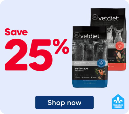 Save 25% on all VETDIET dry food for senior cats or dogs. Product tagged as Made in Quebec.
