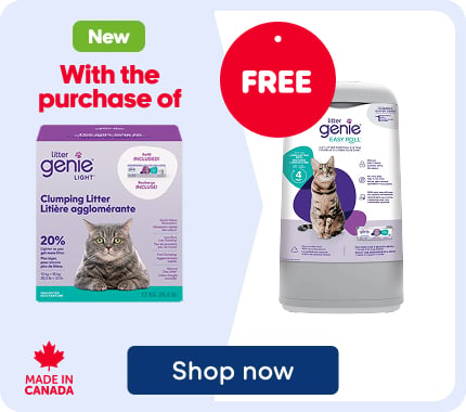 Litter Genie promotion. With the purchase of a 12 kg Litter Genie Light clumping cat litter, regularly priced at $19.99, receive a Litter Genie Easy Roll litter disposal bin, regularly priced at $39.99, free of charge. The image shows the cat litter package on the left, a red “Free” badge in the center, and the litter disposal bin on the right. A “Made in Canada” logo appears in the lower-left corner.