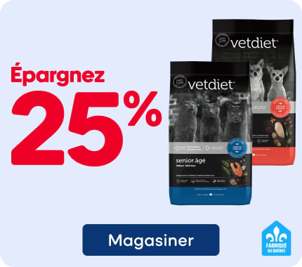 Promotion de 25 % de rabais sur toute la nourriture sèche VETDIET pour chats ou chiens âgés. Produit identifié comme fabriqué au Québec.
