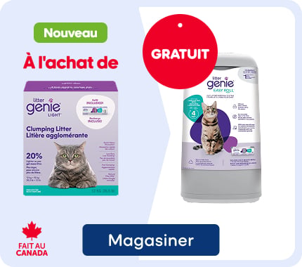 Promotion Litter Genie. À l’achat d’une litière agglomérante pour chats Litter Genie Light de 12 kg, au prix régulier de 19,99 $, une poubelle à litière Litter Genie Easy Roll, d’une valeur régulière de 39,99 $, est offerte gratuitement. L’image montre l’emballage de la litière à gauche, un macaron rouge « Gratuit » au centre et la poubelle à litière à droite. Un logo « Fait au Canada » est visible dans le coin inférieur gauche.
