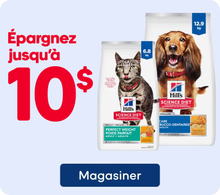 Épargnez jusqu’à 10 $ sur la nourriture sèche HILL’S SCIENCE DIET pour chats ou chiens, incluant les formules Soins dentaires et Perfect Weight.