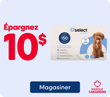 Épargnez 10 $ sur les tapis de propreté réguliers O'SELECT pour chiots et petits chiens, format de 150 unités. Produit identifié comme une marque canadienne.