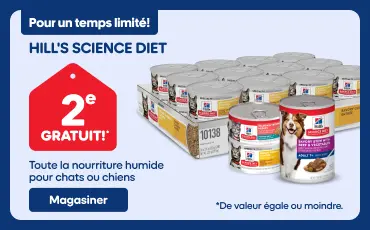 Promotion Hill’s Science Diet pour nourriture humide pour chats et chiens : offre « 2e gratuit » pour un temps limité. Visuel montrant des conserves de nourriture humide Hill’s vendues à l’unité ou en caisse, avec le texte « Achetez-les à l’unité… ou achetez une caisse et obtenez-en une gratuite ! ». À droite, un chien blanc portant un collier bleu est couché sur une pelouse verte ensoleillée. Bouton d’appel à l’action « Magasiner ».