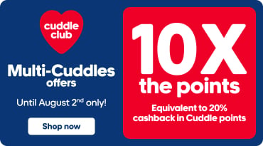 Until August 2 only, earn 10X the points, equivalent to 20% back in Câlin points, on a selection of pet toys. Includes a “Shop Now” button.