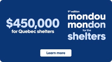 Promotional banner for the Mondou Mondon program supporting animal shelters. On a blue background, the text reads “$450,000 for Quebec shelters” and “9th edition Mondou Mondon for shelters.” In the center, a photo shows a person petting a tabby cat near a window. A “Learn more” button appears on the left side.