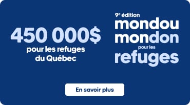 Bannière promotionnelle du programme Mondou Mondon pour les refuges. Sur fond bleu, le texte indique « 450 000 $ pour les refuges du Québec » et « 9e édition mondou mondon pour les refuges ». Au centre, une photo montre une personne caressant un chat tigré près d’une fenêtre. Un bouton « En savoir plus » apparaît dans la partie gauche.