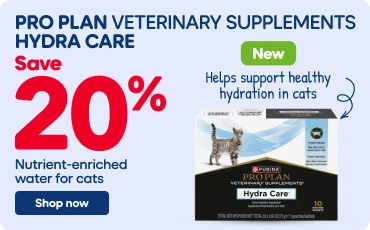 Promotional banner for Pro Plan Veterinary Supplements Hydra Care for cats. The ad highlights a 20% savings offer on nutrient-enriched water for cats. A green “New” label appears beside the text “Supports healthy hydration in cats.” The product package is shown on the right with an image of a cat and the Hydra Care branding. A “Shop Now” button is displayed at the bottom of the ad.