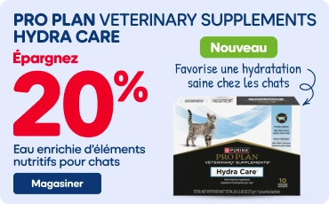 Publicité Pro Plan Veterinary Supplements Hydra Care pour chats. Texte : « Épargnez 20 % » sur une eau enrichie d’éléments nutritifs pour chats. Mention « Nouveau » et « Favorise une hydratation saine chez les chats ». À droite, image de l’emballage Hydra Care avec la photo d’un chat. Bouton « Magasiner » au bas de l’annonce.