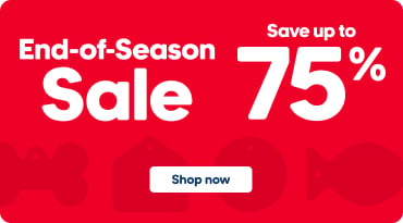 Red promotional banner advertising an end-of-season sale with discounts of up to 75% off. A “Shop Now” button appears near the bottom center.
