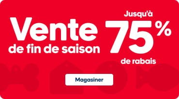Bannière promotionnelle rouge annonçant une vente de fin de saison avec un rabais pouvant atteindre 75 %. Un bouton « Magasiner » apparaît au centre inférieur.
