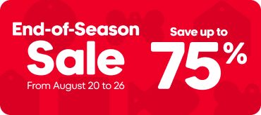 Red promotional banner advertising an end-of-season sale with discounts of up to 75% off.