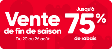 Bannière promotionnelle rouge annonçant une vente de fin de saison avec un rabais pouvant atteindre 75 %.
