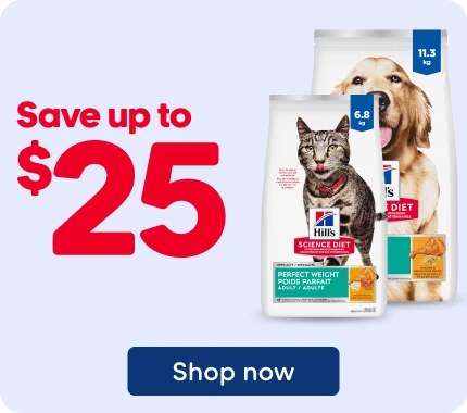 Advertisement for Hill’s Science Diet Perfect Weight pet food. The image features two pet food bags showing a dog and a cat, alongside the promotional message “Save up to $25.”