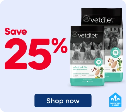 Advertisement for Vetdiet dry pet food. Two Vetdiet bags are displayed on a light gray background, alongside the promotional message “Save 25%.”