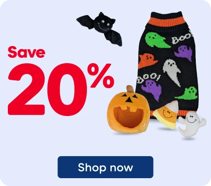 Advertisement for assorted Halloween pet toys and accessories. Various themed items are displayed, including a wand toy with dangling figures, a pumpkin-shaped plush toy, ghost and pumpkin toys, a striped toy, an orange feather toy, and a black sweater decorated with colorful ghosts and the word “Boo.” A promotional message reads “Save 20%” in large red text.