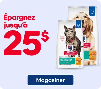 Publicité pour la nourriture pour chiens Hill’s Science Diet Perfect Weight. L’image montre deux sacs de nourriture pour chiens avec les photos d’un chien adulte et d’un chat. Le texte promotionnel indique : « Épargnez jusqu’à 25 $ »