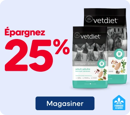 Publicité de nourriture sèche pour chiens Vetdiet, formule santé dentaire. Deux sacs de nourriture sont illustrés sur un fond gris pâle, accompagnés du message promotionnel « Épargnez 25 % ».