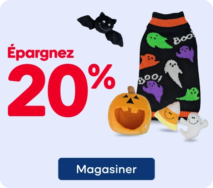 Publicité pour des jouets et accessoires d’Halloween pour animaux de compagnie de marques diverses. L’image présente plusieurs articles thématiques, dont une baguette de jeu avec accessoires suspendus, une citrouille en peluche, des jouets en forme de fantôme et de citrouille, un jouet rayé, une queue orange en peluche et un chandail noir décoré de fantômes colorés et du mot « Boo ». Un message promotionnel indique « Épargnez 20 % » en gros caractères rouges.