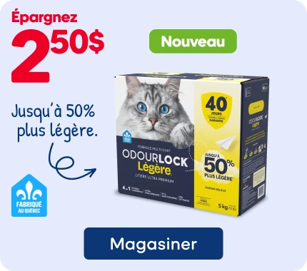 Promotion OdourLock légère : économisez 2,50 $ sur la litière légère de 5 kg, jusqu’à 50 % plus légère.