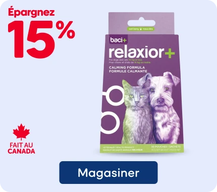 Promotion Baci+ Relaxior+ : économisez 15 % sur la formule calmante naturelle pour chats ou chiens.