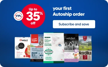Autoship promotional banner: up to 35% off your first autoship order for a limited time, featuring several pet food bags and packages.