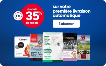 Bannière promotionnelle livraison automatique : jusqu’à 35 % de rabais sur votre première livraison automatique pour un temps limité, avec plusieurs sacs et emballages de nourriture pour animaux en vedette.