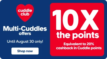 Multi‑Cuddles banner showcasing products and the “10X the points, equivalent to 20% cashback” offer, valid until AUGUST 30.