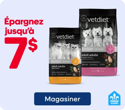 Économisez jusqu’à 7 $ sur une sélection de nourriture sèche Vetdiet pour chats et chiens.