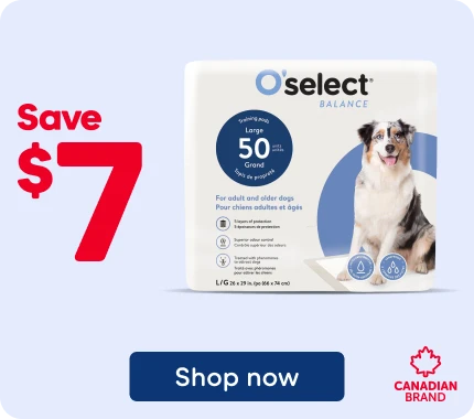 Save $7 on O’select Balance large training pads for adult and old dogs. 