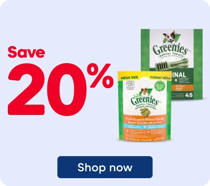 Save 20% on Greenies dental treats for dogs and cats.