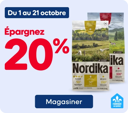 Nourriture sèche Nordika pour chiens, sacs sélectionnés en promotion avec 20 % de rabais.
