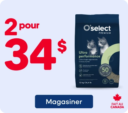 Litière agglomérante O'Select Premium Ultra Performance pour chats, format 12 kg, offerte à 2 pour 34 $.