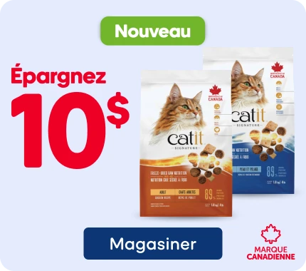 Nouvelle nourriture sèche Catit Signature pour chats, en promotion avec 10 $ de rabais sur les formats sélectionnés.