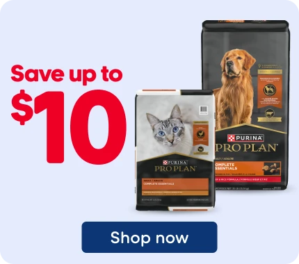 Purina Pro Plan dry food for cats or dogs on sale. Save up to $10 on selected cat bags (5.44 kg to 7.2 kg) and dog bags (10 kg to 23 kg).