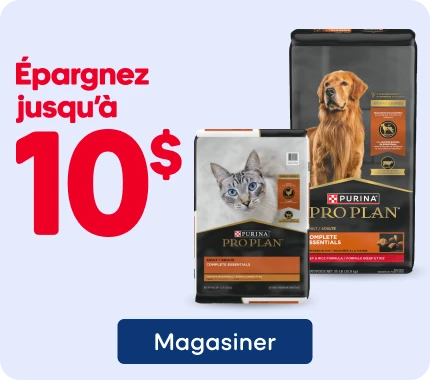 Nourriture sèche Purina Pro Plan pour chats ou chiens en promotion. Économisez jusqu'à 10 $ sur les sacs sélectionnés pour chats de 5,44 kg à 7,2 kg et pour chiens de 10 kg à 23 kg.