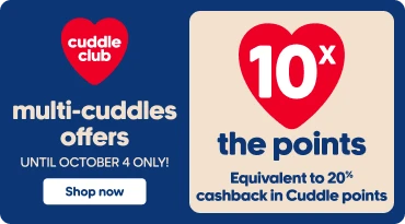 Multi‑Cuddles banner showcasing products and the “10X the points, equivalent to 20% cashback” offer, valid until AUGUST 30.