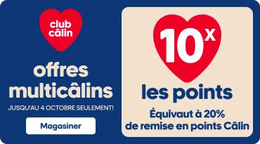 annière promotionnelle Club Câlin de Mondou. À gauche, logo Club Câlin dans un cœur rouge sur fond bleu avec le texte « Offres multicâlins » et « Jusqu’au 4 octobre seulement! ». Au centre, un cœur rouge affiche « 10x les points » avec la mention « Équivaut à 20 % de remise en points Câlin ». À droite, images d’un bol interactif bleu et d’un plateau de jeu pour animaux. Bouton « Magasiner ».