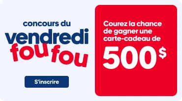 Bannière pour un concours du Pré Vendredi Fou Fou, carte cadeau de 500$ à gagner.