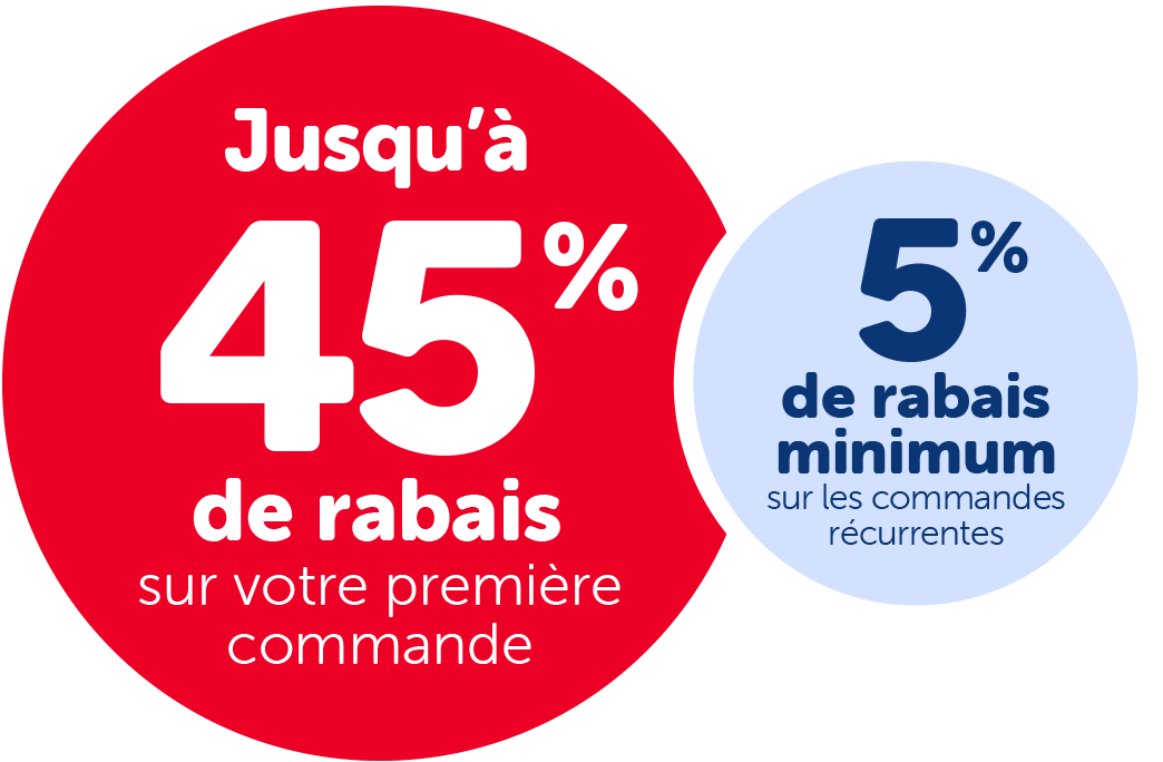 Jusqu'à 45% de rabais sur votre première commande récurrente - 5% de rabais minimum