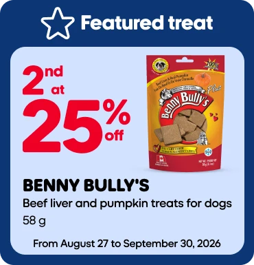 Buy 2 Benny Bully's selected treats for cats or dogs and get 25%* off the lowest priced item