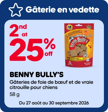 Achetez 2 gâteries sélectionnées Benny Bully's pour chats ou chiens et obtenez un rabais de 25%* sur l'article le moins cher