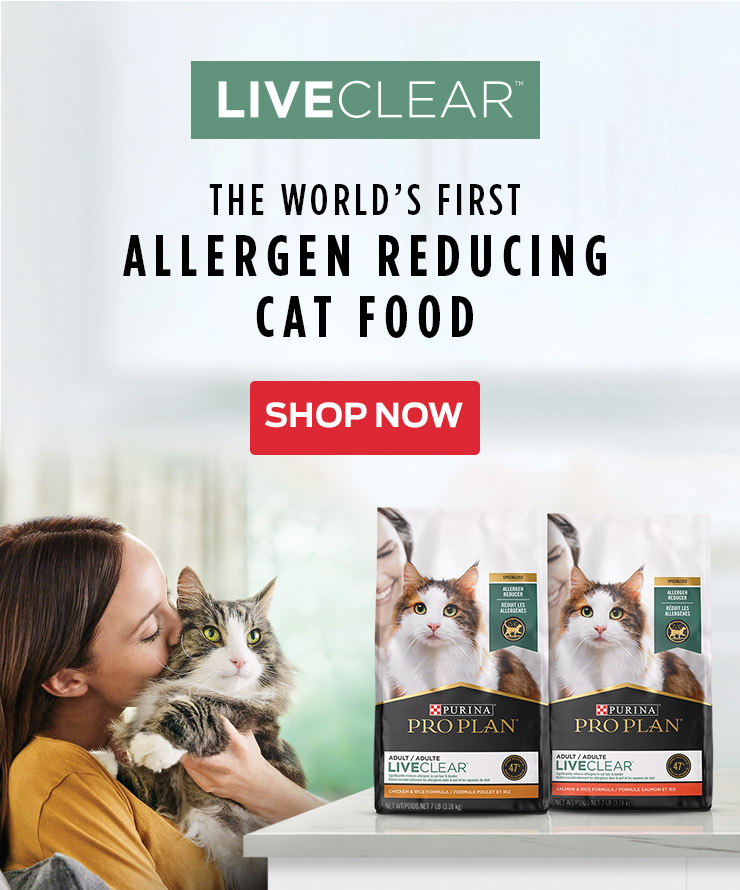 Pro Plan LiveClear, the World's first allergen defucing cat food.