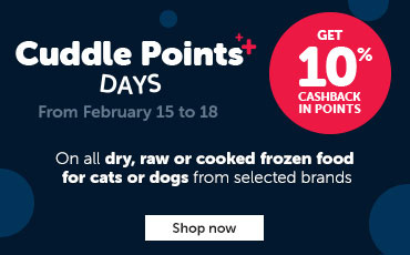 From February 15 to 18, get 10% cashback in Cuddle points with purchase of dry, raw or cooked frozen food for cats or dogs from selected brands.
