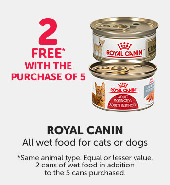 Get 2 free cans with the purchase of 5 cans of Royal Canin wet food for cats or dogs. Must be same animal type.
