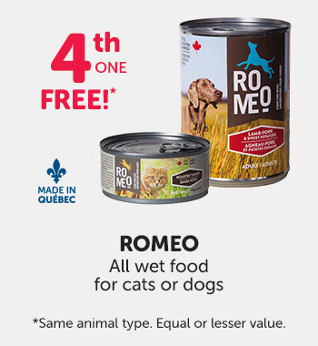 Get the 4th one free with the purchase of Romeo wet food for cats or dogs. Must be same animal type. 