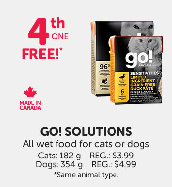 Get the 4th one free with the purchase of GO! Solutions wet food for cats or dogs. Must be same animal type.