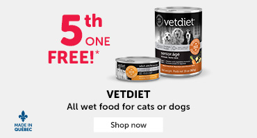Get the 5th one free with the purchase of all Vetdiet wet food for cats or dogs.