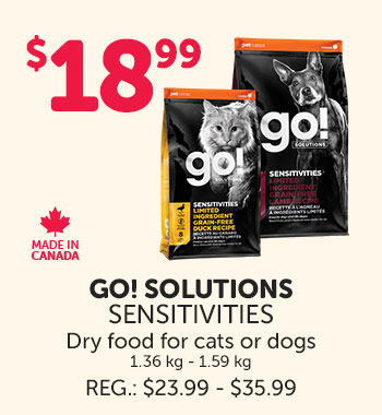 Get GO! Solutions Sensitivities dry food for cats (1.36 kg) or dogs (1.59 kg) for only $18.99. 